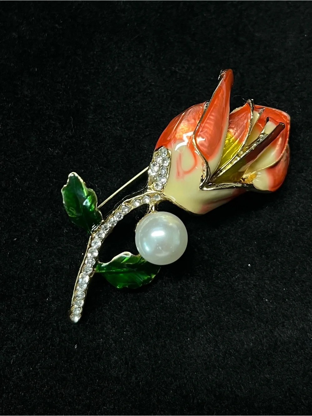 Orange Enamel Tulip Flower Brooch Rhinestone Pearl Gold Tone
